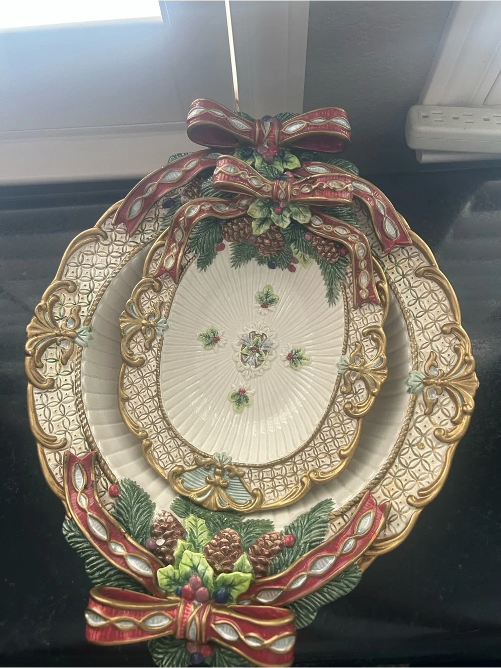 Holiday Decorative Serving Platters with Red Ribbon and Pinecone Accents